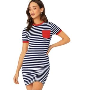 SHEIN Navy & White Striped Mini Dress with Red Trim